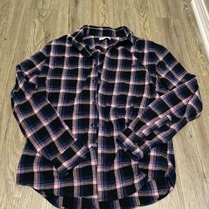 Men's Navy and Pink Plaid Button-Up Shirt